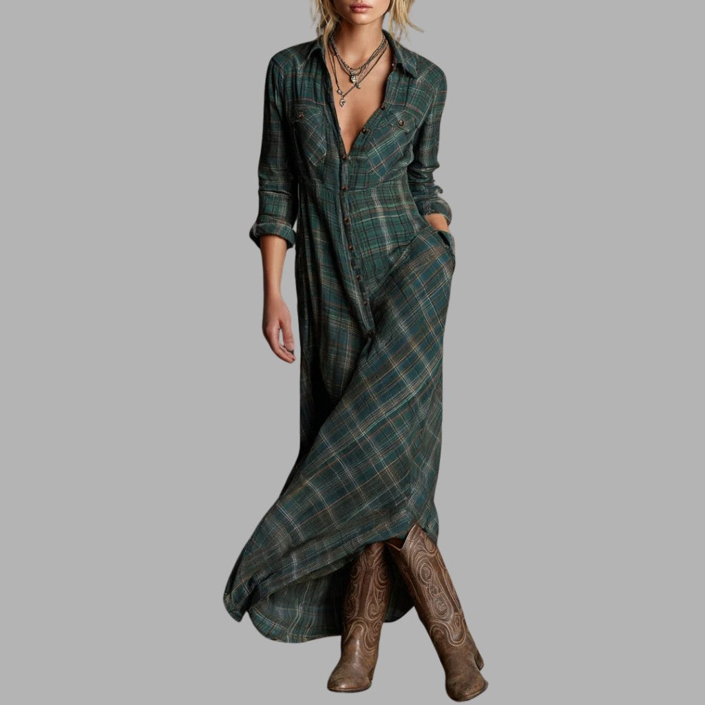 Robe longue à carreaux verte