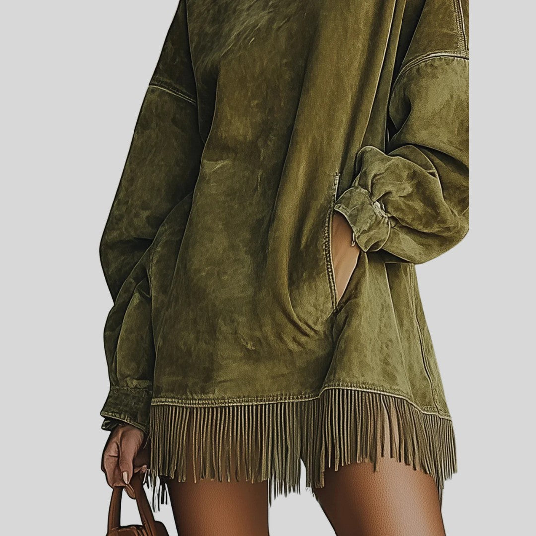 Robe en daim à col montant avec franges